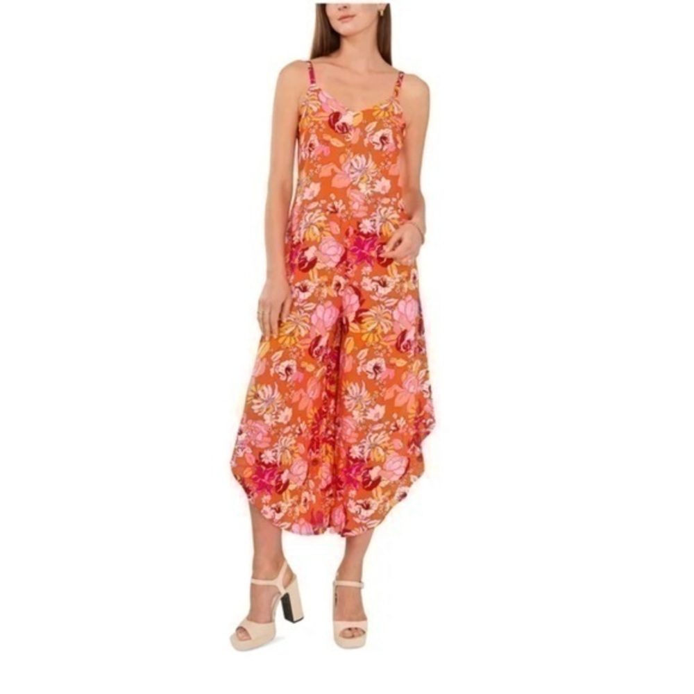 Vince Camuto Floral Print Asymmetrical Hem Wide Leg Jumpsuit S Orange/Red